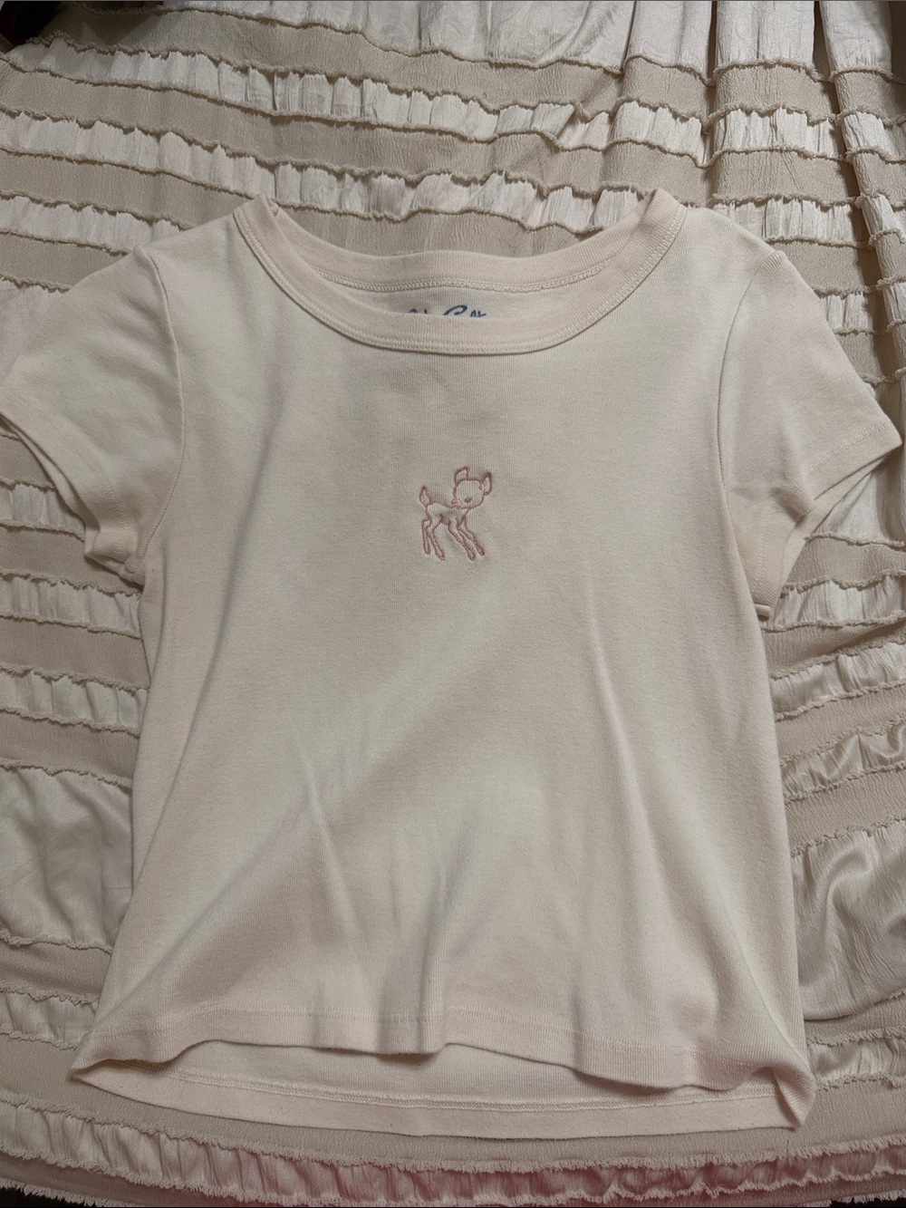 Brandy Melville Cream Short Sleeve Tee with Deer Embroidery